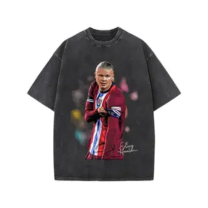 Retro "Soccer Player Signature Jersey Print" T-Shirt, Washed Black Urban Streetwear Short Sleeve Cotton Unisex Tee
