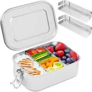 EVERUSELY Stainless Steel Lunch Box 47 oz 1.4 L with 2 Adjustable Dividers Leakproof Food Container for Adults Work Picnics Travel Dishwasher Safe Tableware Reusable