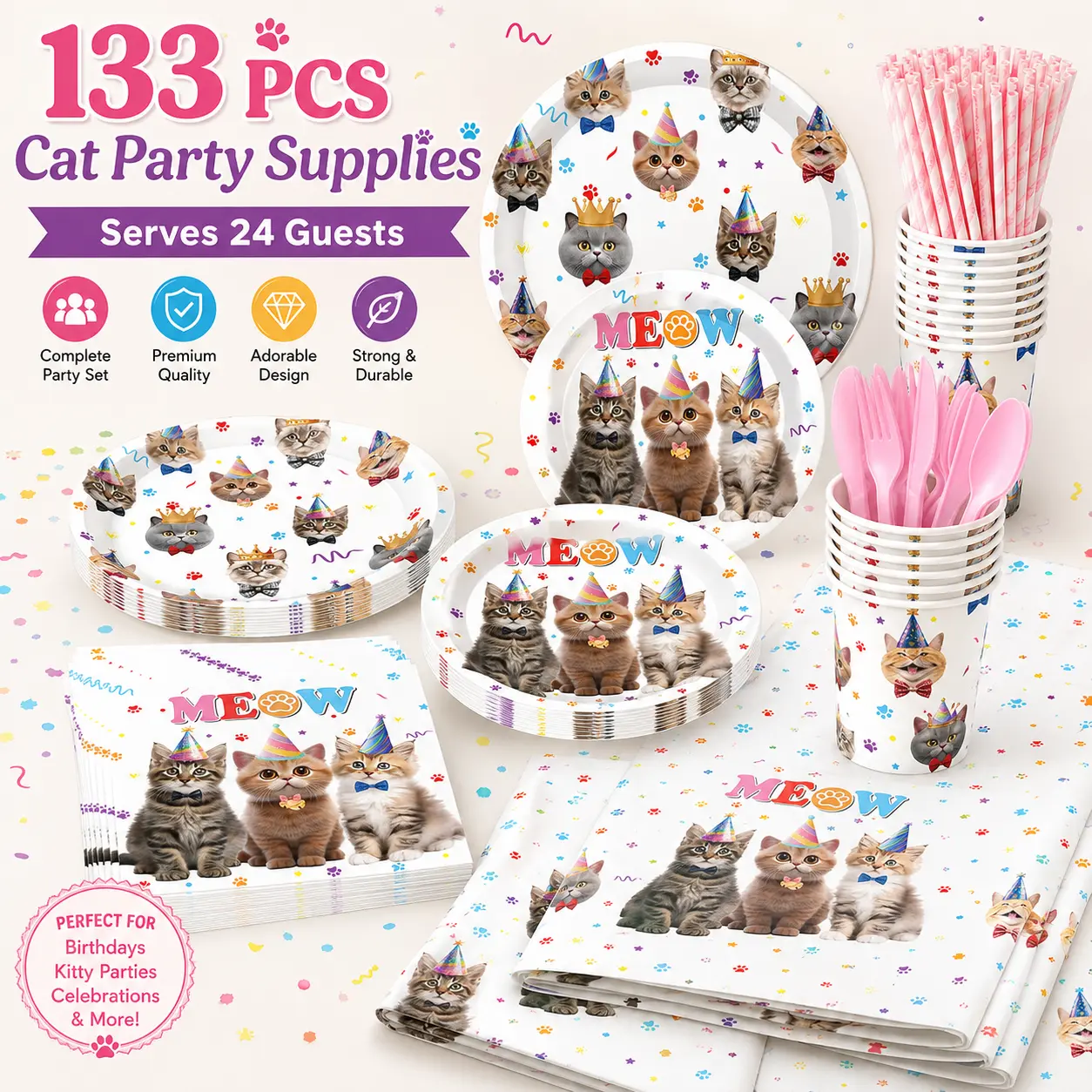 133PCS Cute Cat Birthday Party Supplies Set, Kitty Theme Disposable Tableware with Plates, Cups, Napkins, Straws & Cutlery, Cat Party Decorations for First Birthday, Girls Party & Pet-Friendly Events
