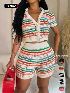 Women's Colorblock Striped Print Button Front Crop Cardigan & High Waist Shorts Sweater Co-ord Set, Casual Short Sleeve Collared Top & Skinny Shorts for Summer
