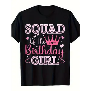 [100% Cotton] Birthday Girl Squad Matching Family T-Shirts - Black With Pink Lettering & Crown Design,   Retro Party Outfits For & Dults, Izable Group Shirts With Birthday Girl Name Option, Crew Neck Short Sleeve Casual Golf Gift T-Shirt For Men And Women