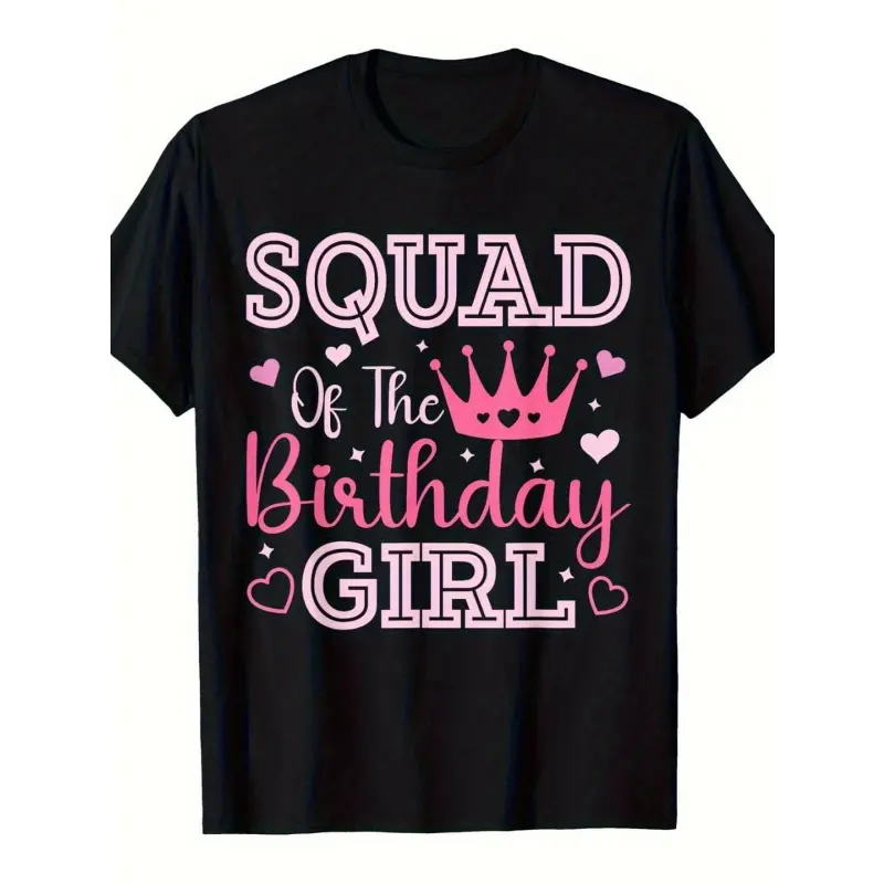 [100% Cotton] Birthday Girl Squad Matching Family T-Shirts - Black With Pink Lettering & Crown Design,   Retro Party Outfits For & Dults, Izable Group Shirts With Birthday Girl Name Option, Crew Neck Short Sleeve Casual Golf Gift T-Shirt For Men And Women