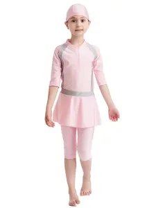 Muslim Girls Colorblock One-Piece Three-Piece Set, Conservative Separated Sun Protection Quick-Dry Swimwear, Southeast Asian Muslim Girl Long Sleeve Swimsuit