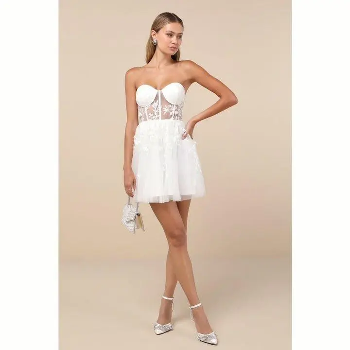 Elegant White Strapless Corset Mini Dress with Sheer Floral Lace Bodice & Flowy Tulle Skirt for Parties Graduations or Bridal Events - TikTok Shop Elegant White Strapless Corset Mini Dress with Sheer Floral Lace Bodice & Flowy Tulle Skirt for Parties Graduations or Bridal Events - TikTok Shop