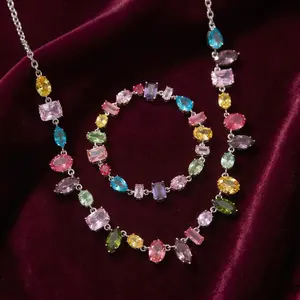 Elegant Multi-Color Cubic Zirconia Necklace and Bracelet Set - Single Layer Dainty Collarbone Chain Sparkling Crystal Summer Y2K Dopamine Aesthetic Retro Glam Statement Jewelry Birthday Prom Anniversary Gift for Her