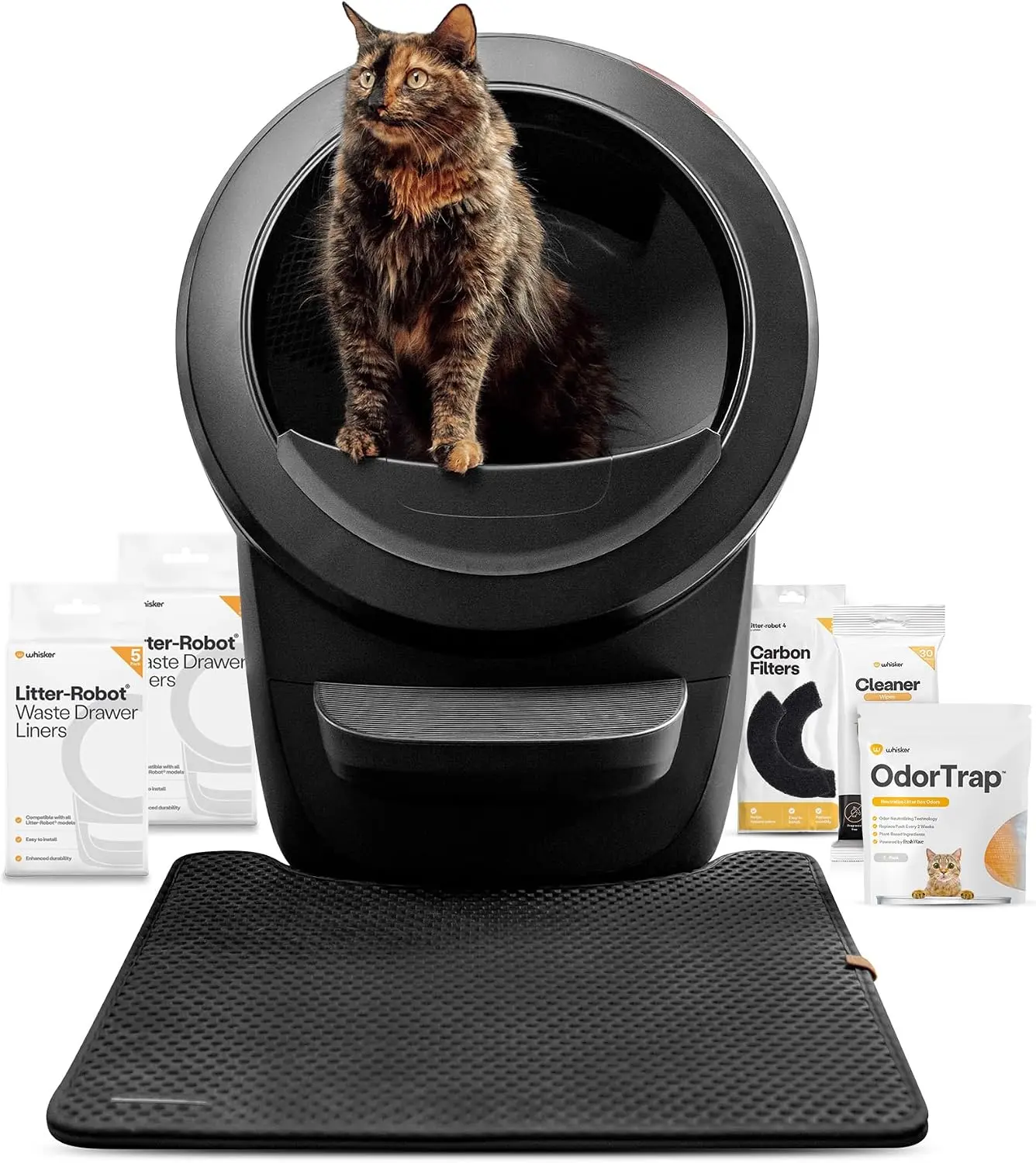 Whisker Litter-Robot 4 Supply & Accessory Bundle, Automatic Self-Cleaning Cat Litter Box, Black, Includes Litter-Robot 4, Mat, 3 OdorTrap Packs, 10 Liners, 30 Wipes, and 2 Carbon Filters