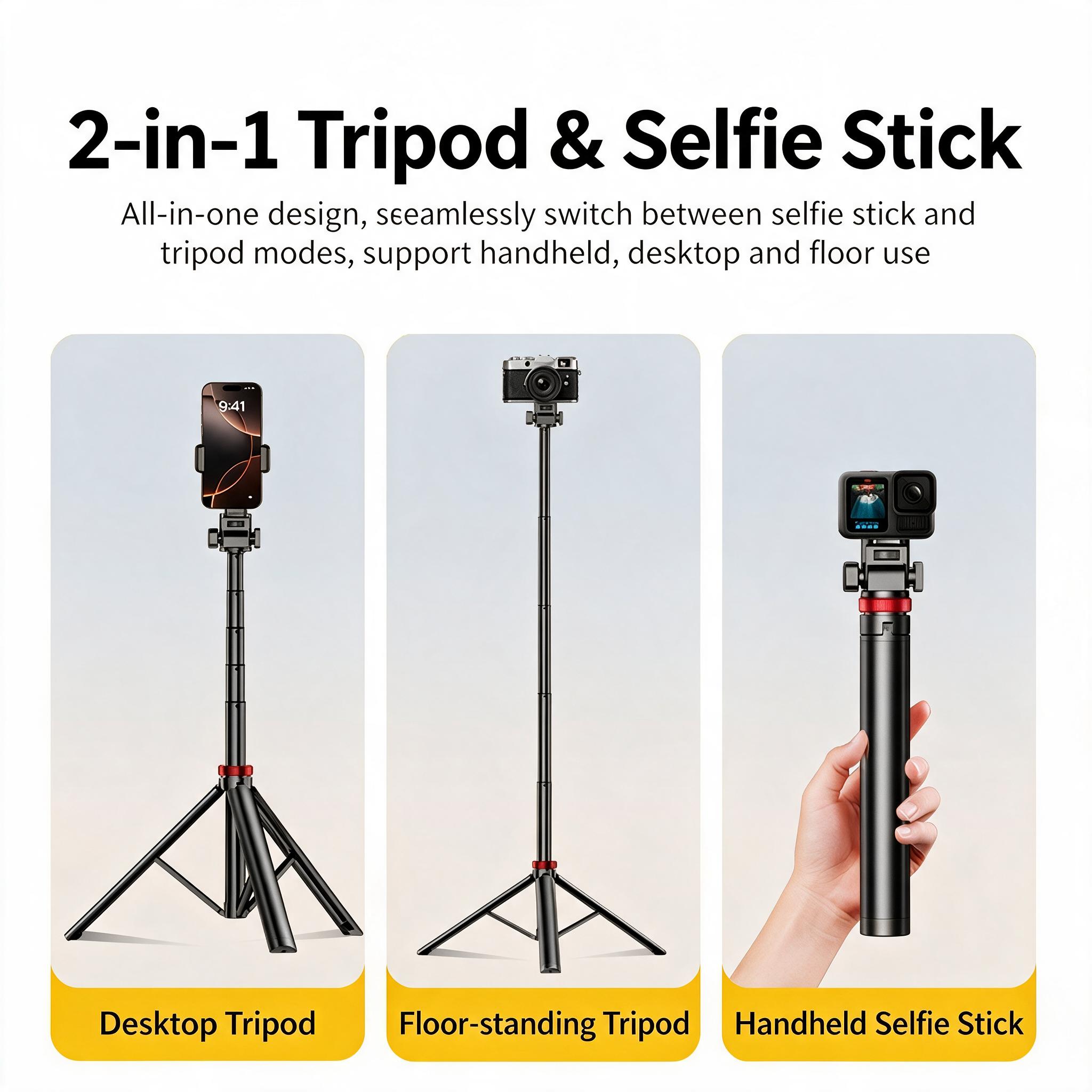 2in1 Phone and Fill Light Tripod Stand, 80 Inch Lightweight Aluminum Alloy Selfie Stick, Telescopic Portable Travel Bracket with 1/4 Inch Screw, Camera & Fill Light Holder, Sturdy Support for Smartphone, Vlogging, Live Stream, grabar para luz