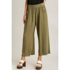 Umgee Full Size Linen Blend Elastic Waistband Wide Leg Pants Plus Size