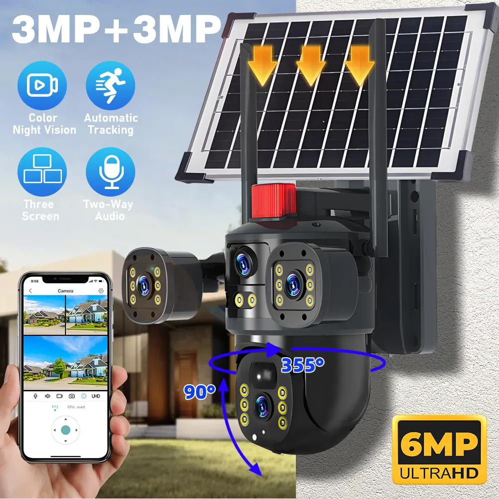 6MP Dual Lens Solar Security Camera, 3-View WiFi PTZ Outdoor Camera, 355° Pan 90° Tilt, 8000mAh Battery, Color Night Vision, Two-Way Audio, IP65/IP66 Waterproof