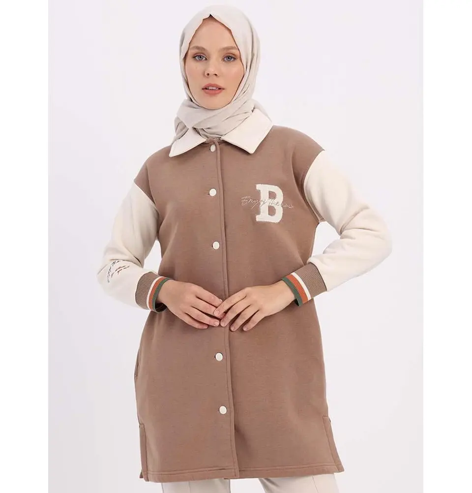 Modest Muslim Women's Two-Tone Letterman Jacket - 93134 Beige
