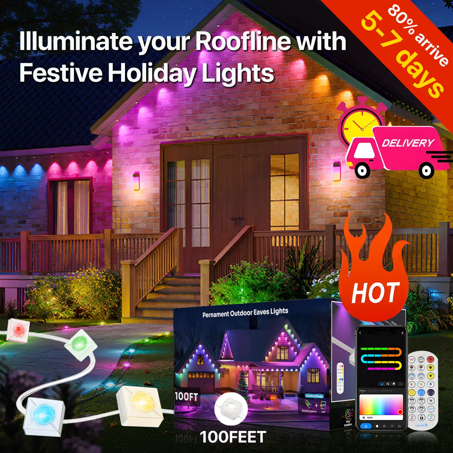 GLITGATE Outdoor Eaves Lights with 30/60 LEDs, IP67 Waterproof, Permanent RGBIC LED Lighting for Eaves, 50/100Ft Under Eave Led Lights with Remote & Bluetooth APP Control, Permanent Outdoor Lights With Music Sync, Holiday Party Decorations, Stockup