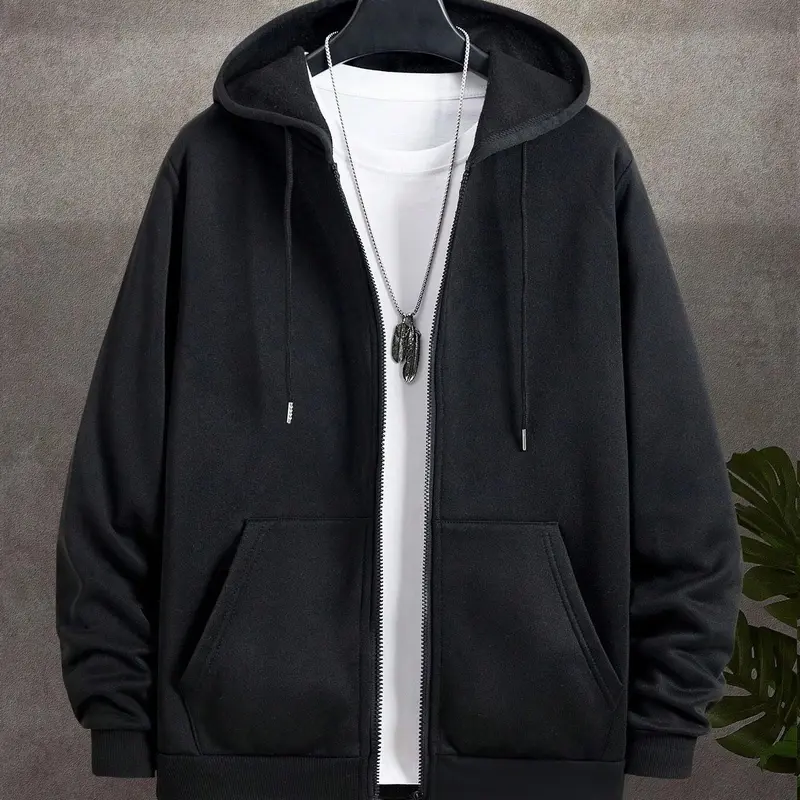 Men's Solid Color Pocket Zip Up Knit Hoodie Sweatshirts, Regular Fit Casual Long Sleeve Drawstring Hooded Jacket for Spring & Fall, Fashion Men's Clothes Clothing Hoodie for Daily Wear