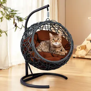 (High end and high-quality)Cat Swing Bed with Stand & Cushion, Cat Egg Chair with Rattan Wicker Appearance, Indoor Hanging Swinging Cat Bed for Cats, Small Dogs, and Small Animals, Brown garden  chairs