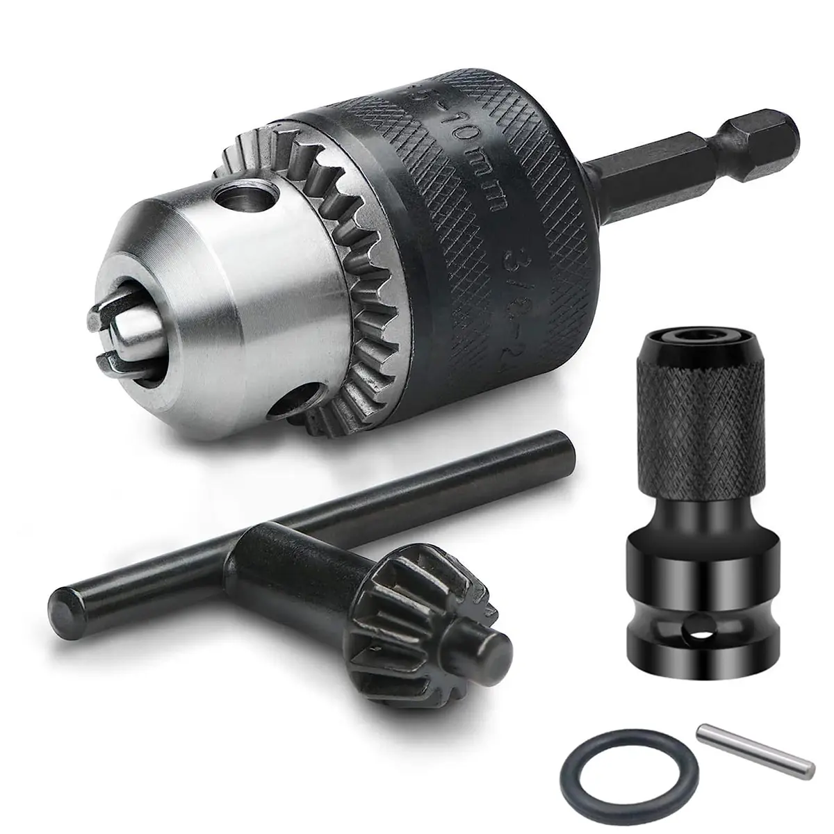 3/8" Inch Precision Key Drill Chuck Adapter Conversion Tool Set, 1/4 Inch Quick Replacement Hexagonal Drive, 1/2 Inch Square Converter Drill Bit Adapter, Drill Bit Extension, Tool Accessories