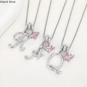 Gold Plated Initial Heart Necklace for Women, Pink CZ Letter Pendant Necklace, Dainty Y2K Aesthetic Jewelry for Daily Wear, Vacation, Date Night, Streetwear and Birthday Gift for Her