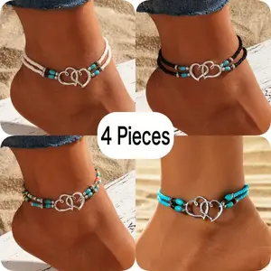 4 Piece Love Beaded Anklet Set Vintage Bohemian Hollow Double Love Hearts Double Layer Seed Bead Elastic Anklets Unique Beach Vacation Foot Jewelry Set Perfect as Jewelry Gift
