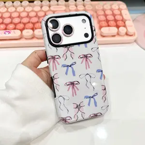 Coquette Girlie Pastel Bows Case Sweet Blue and White Bow Pattern Durable Shock Absorbing Two in One Mobile Phone Case for iPhone 17 16 15 14 13 and Other Series Models