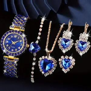 Shimmering Fashion Women's Quartz Movement Watch Set with Heart Jewelry, 6-Piece Alloy Construction Round Case, Earrings, Necklace, Ring, Mother's Day Gift