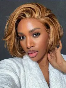P4/27 Highlight Color Short Straight Human Hair Wig for Women 13x4 Transparent Lace Frontal Wig 150% Density 8 Inch