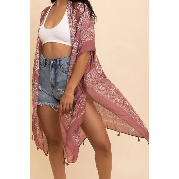 Rose Kimono Cardigan with Tassels, One Size