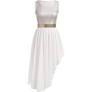 Women Metallic Sequin Praise Dance Dress Asymmetric Ruffle Overlay Dress Liturgical Lyrical Dancewear Worship Costume