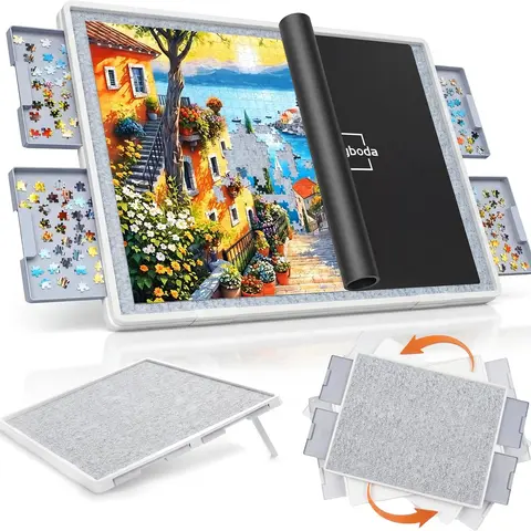 Playboda Patent Design 1500-Piece Rotating ABS Plastic Puzzle Board - Anti-Slip Lazy Susan Spinning Tray, 35x27-Gray Drawers, 9.8 lbs Durable, Cover, 30-50% Lighter, Portable, Beginner & Adult Compatible Back to School Item