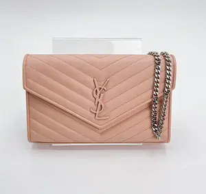 Pre-owned Yves Saint Laurent YSL Saint Laurent Grain De Poudre Matelasse Chevron Cassandre Chain Wallet Pale Pink