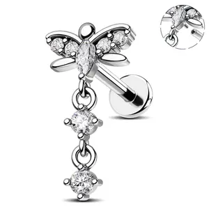 Oufer Dragonfly Clear CZ Dangle Top Cartilage Ear Falt Back Piercing Stud 316L Stainless Steel Helix Pierced Ring Lip Piercing Bar Length 8mm