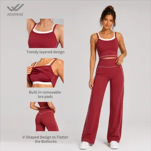 JOJOANS Women's Athleisure 2-Piece Set, 80% Nylon 20% Spandex, Faux Twinset Fashion Design, High-Waisted Flared Pants Silhouette with Pockets, High-Elasticity Suitable for Summer Yoga, Gym, Workout, Running, Lounging at Home