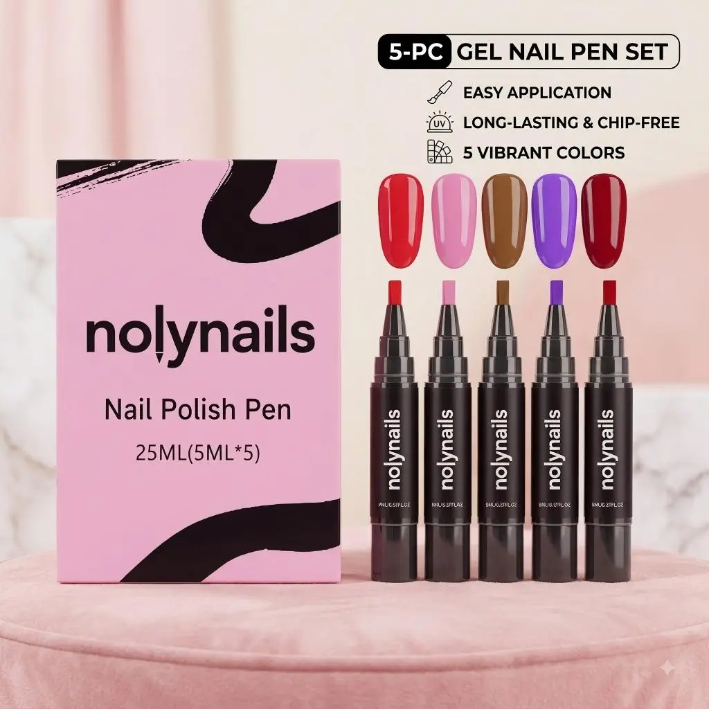 5-Color 3-in-1 Nail Polish Pen Kit - Fast Drying, High Gloss, Portable, Easy to Apply, Home Use DIY Nail Art Markers Set for Manicure & Pedicure, Apply Easily