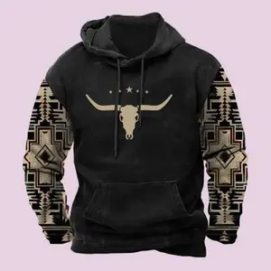 Men's Aztec Hoodie Western Cowboy Hooded Sweatshirt Warm Loose Casual Long Sleeve Drawstring with Pockets Menswear Animal Jeans Joggers Tops Pullover Vibe Cotton big tall men clothing vacation outfits