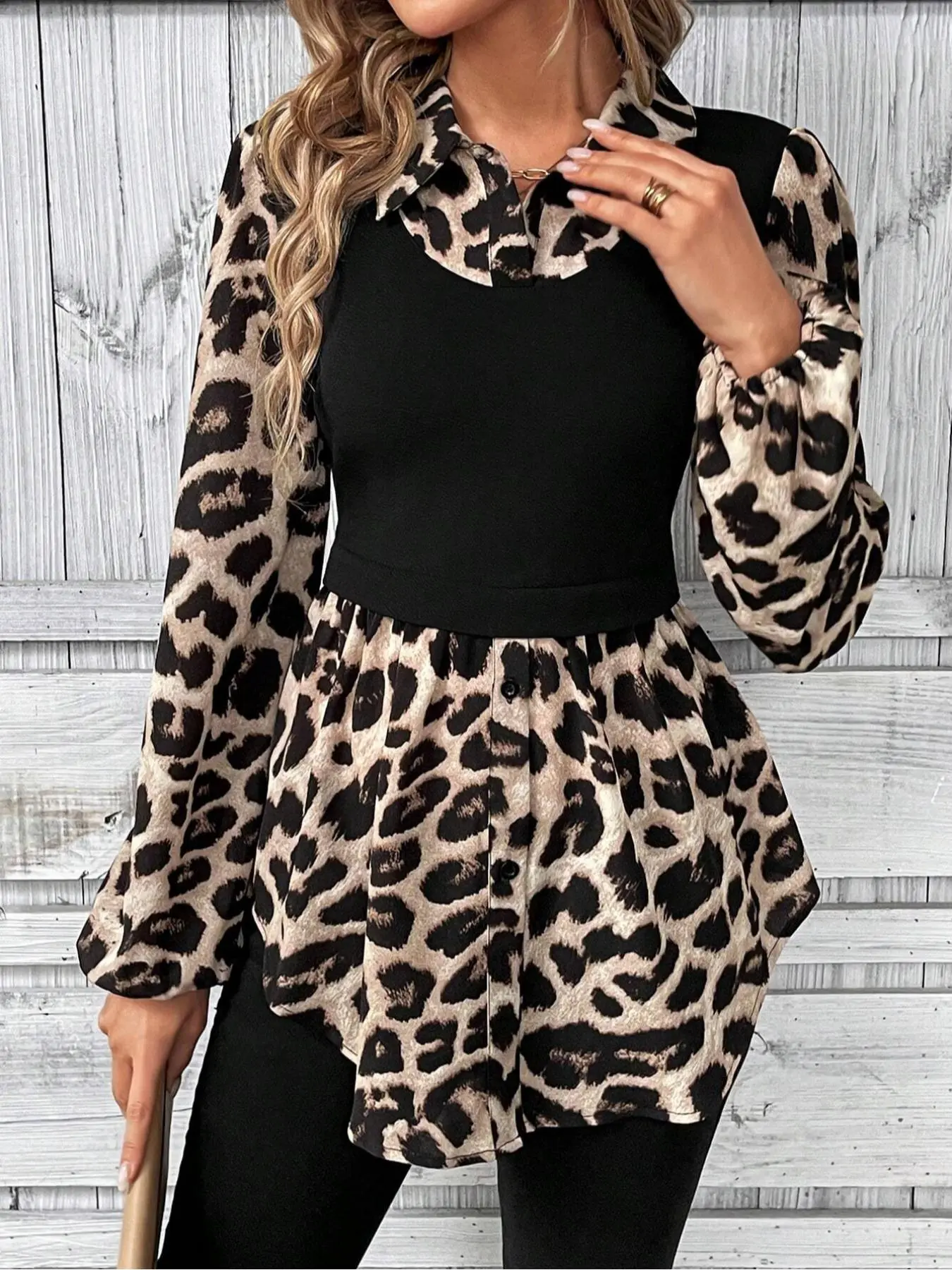 [Plus Size] Women's Leopard Print 2 in 1 Blouse, Animal Print Shirt, Casual Bishop Sleeve Top for Daily Wear, Casual Blouses, Women's Clothing for All Seasons, Womenswear, Blouses Shirts Tops