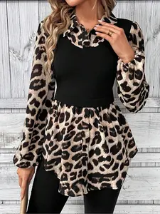 【Plus Size】 Women's Leopard Print 2 in 1 Blouse, Casual Bishop Sleeve Top for Daily Wear, Casual Blouses, Women's Clothing for All Seasons