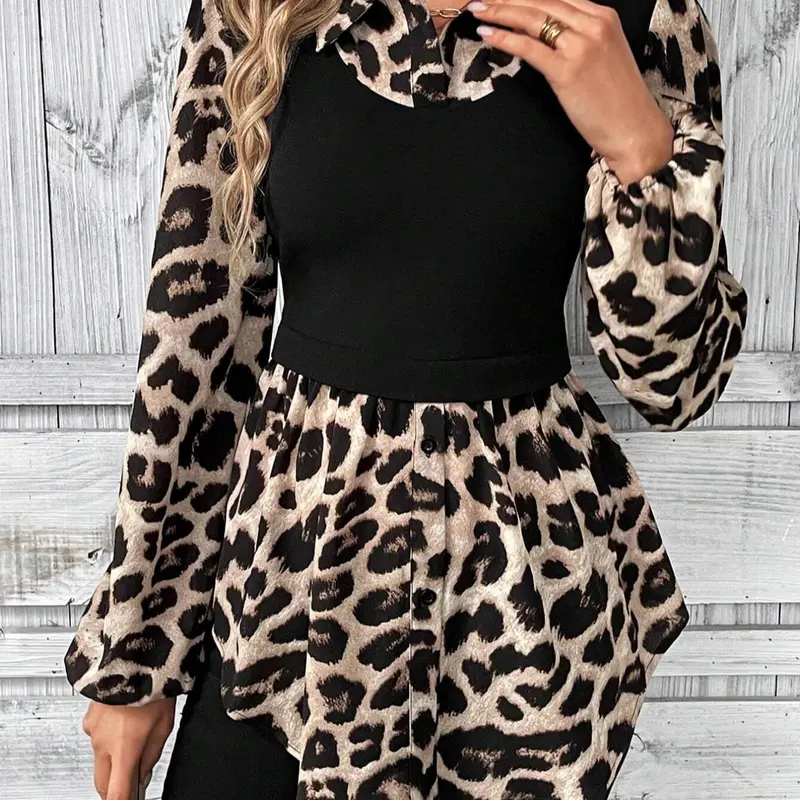 [Plus Size] Women's Leopard Print 2-In-1 Blouse, Animal Print Shirt, Casual Bishop Sleeve Top for Daily Wear, Casual Blouses, Casual Everyday Tops, Women's Clothing for All Seasons, Womenswear
