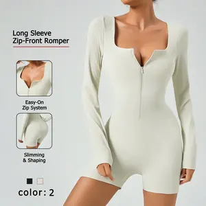 NcmRyu Women's Long Sleeve Zipper Front Square Neck Romper - Sculpting Easy-On Fit Activewear for Yoga Gym Training women