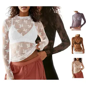 2-Pieces Mature Lace Tops for Women Mesh Top Long Sleeve Floral Lace Blouse Sheer Mesh Mock Neck Layering Top