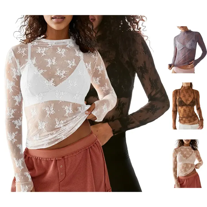 2-Pieces Mature Lace Tops for Women Mesh Top Long Sleeve Floral Lace Blouse Sheer Mesh Mock Neck Layering Top