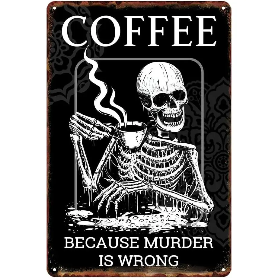 Vintage Retro Skull Metal Tin Signs - Funny Skeleton Wall Decor For Home & Office Coffee Bar - 12 X 8 Inch