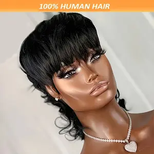 2025 Wholesale Arrivals Arrivals10inch Short Loose Wave Mullet Human Hair Wig for Women Natural Black Color Daily Party Use Wig 150% Density Loose Curly Full Machine Made with Bangs Wig for Cosplay with Party