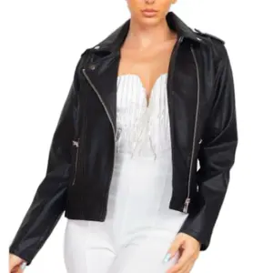 Caroline Collection Faux Pleather Jacket - Stylish Black Biker Style with Zipper Closure and Pockets