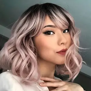 Noble Natural Wave 12 Inches Pink Ombre Color Short Curly BOB Hair Wigs