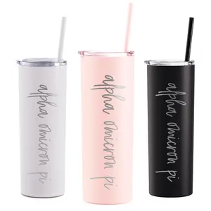 Alpha Omicron Pi Laser Engraved Skinny Tumbler with Straw - Script