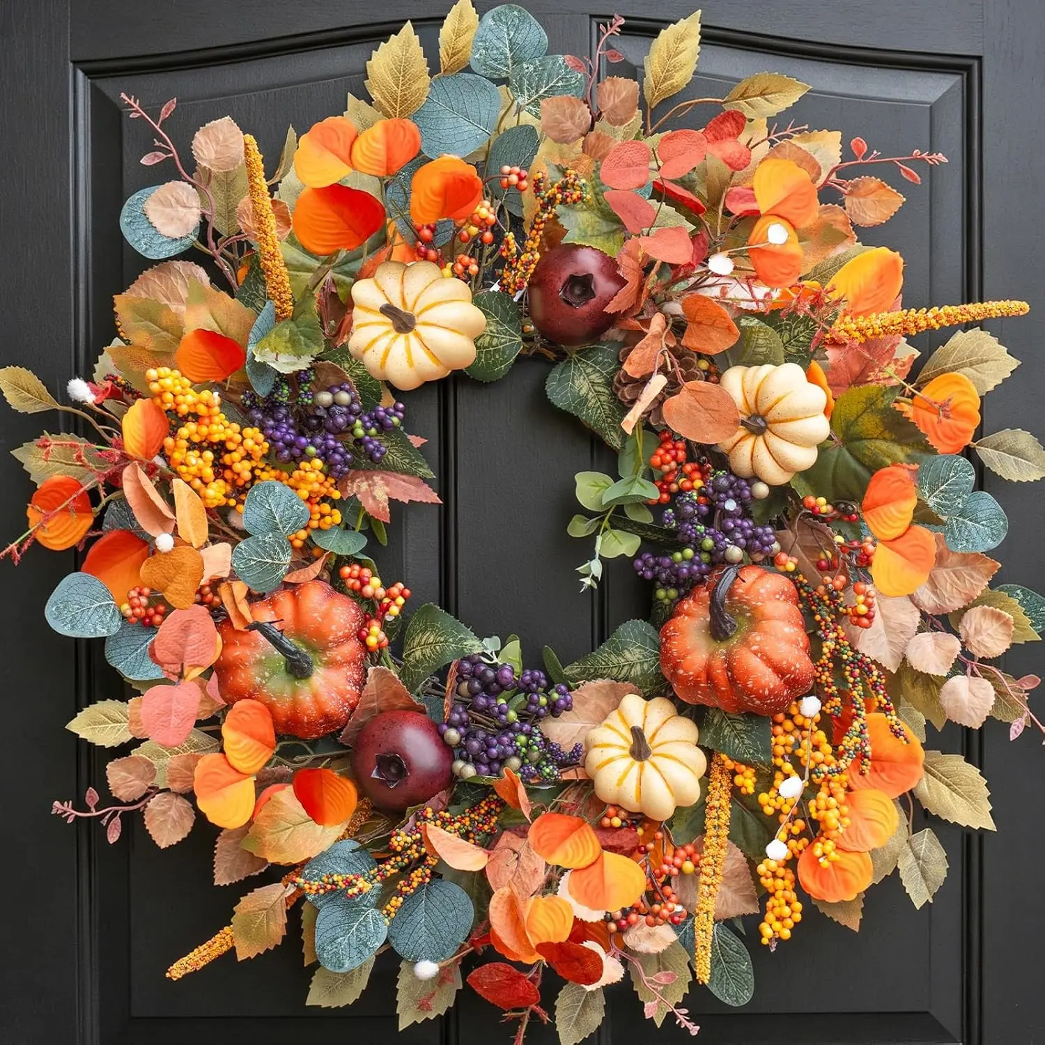 Fall Wreaths for Front Door 24 Inch Autumn Rustic Farmhouse Harvest Wreath | Fall Door Wreath with Pumpkins,Pomegranate Berries & Leaves for Outdoor&Indoor Handmade Wreath for Thanksgiving Home Decor