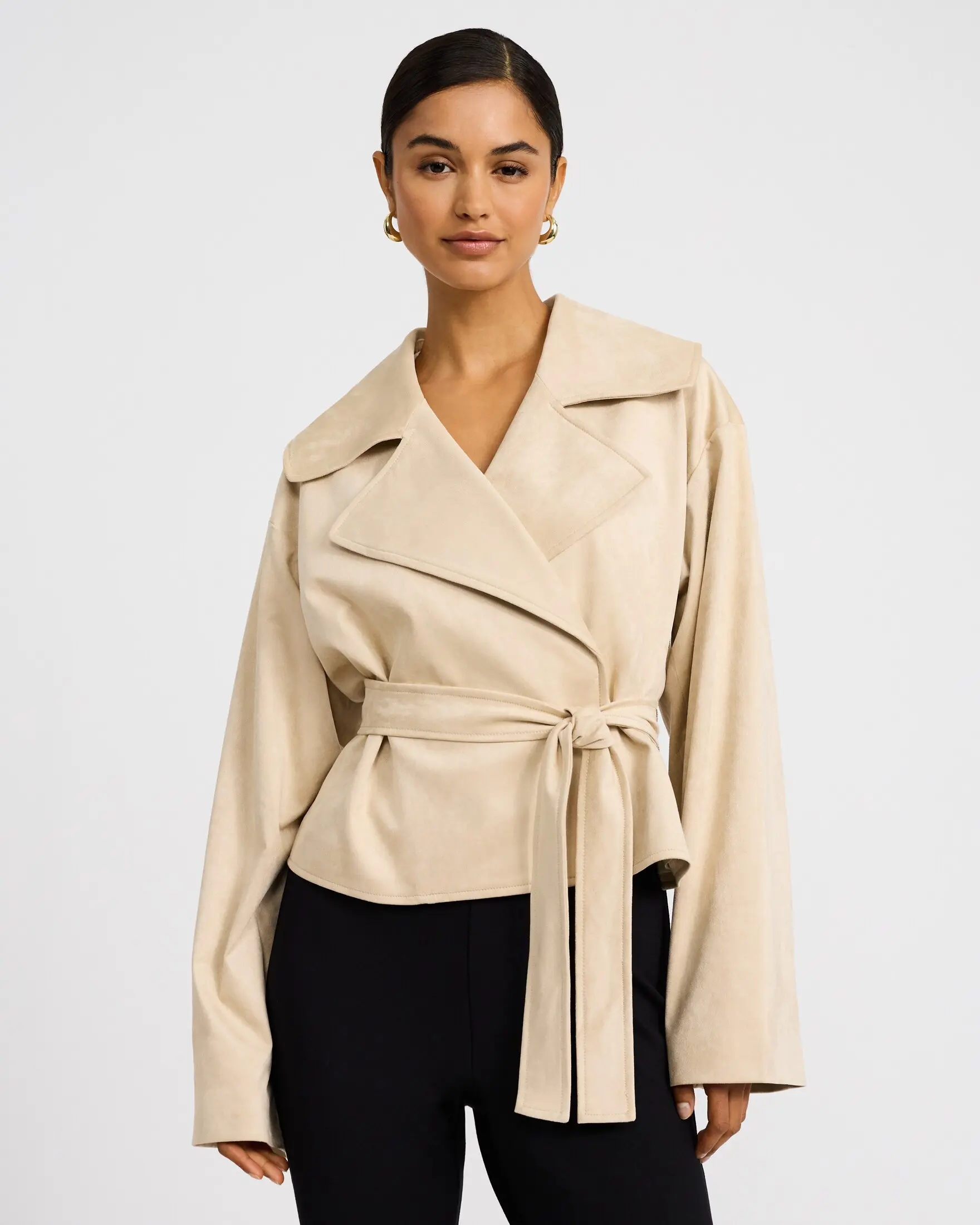 Express Faux Suede Belted Cropped Trench Coat