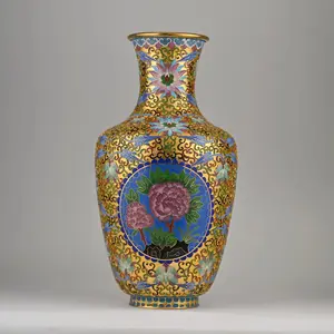 Elegant Cloisonné Enamel Vase | 19th-Century Inspired Handcrafted Floral Design | Blue, Gold, and Multicolor | 8”x8”x15” | Home Decor