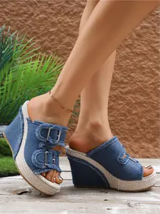 Summer New Style European and American Fashion Denim Slope Heel Cool Slippers Women's Belt Buckle Fish Mouth Thick Bottom Wear Versatile Fashion Sandals Adjustable Strap Platform High Wedge Heels