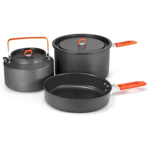 Camping Cookware Mess Kit, Camping Cooking Pot Fry Pan and 1.1L Kettle Set, Portable Camping Cookware Set with Mesh Bag for Camping, Backpacking, Outdoor Cooking and Picnic