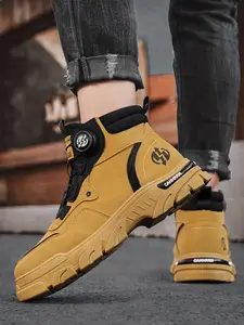 Men's Yellow-Black High-Top Rotating Buckle Tactical Work Boots, Tactical Workboots, Techwear Style, Rotating Buckle Lacing + Platform Design + Logo Decor, Easy On/Off, Ideal for Daily Commuting & Outdoor Wear Scenarios