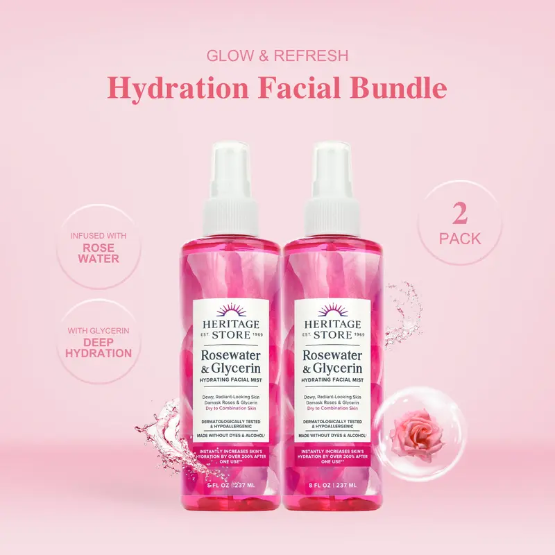 Heritage Rosewater & Glycerin Multi-Pack (2-Count) - Daily Skincare Mist, Moisturize & Hydrate, Rosewater Refresh - 60-Day Supply, Dewy, Radiant