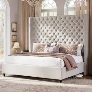 Queen/King Size 65 Inch Tall Headboard Upholstered Bed Frame, Wingback Platform Bed With Handcrafted Pleats And Button Tufting For Bedroom Furniture